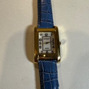 Gold Tone Gossip Quartz Watch Blue Genuine Leather Band New Battery